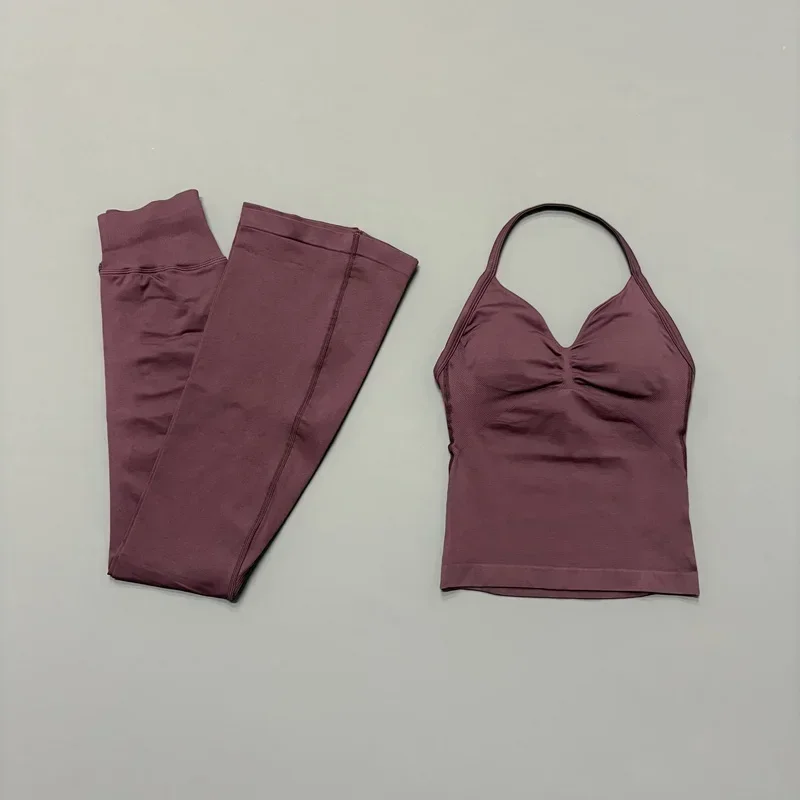 2-teiliges Yoga-Set für Damen: V-Ausschnitt, gepolstertes langes Camisole-Oberteil, High-Waist Bootcut Flare Leggings – Weiches, dehnbares Gym-, Pilates- und Workout-Outfit – Detail 18