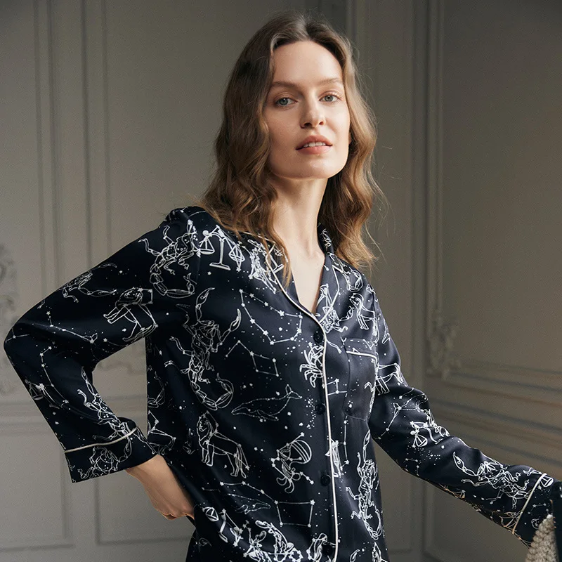 New  19 Momme 100 Mulberry Silk Pajama Set Woman Star Sign Print Long Sleeve Lounge Wear Sleepwear Soft Breathable Luxury Ho