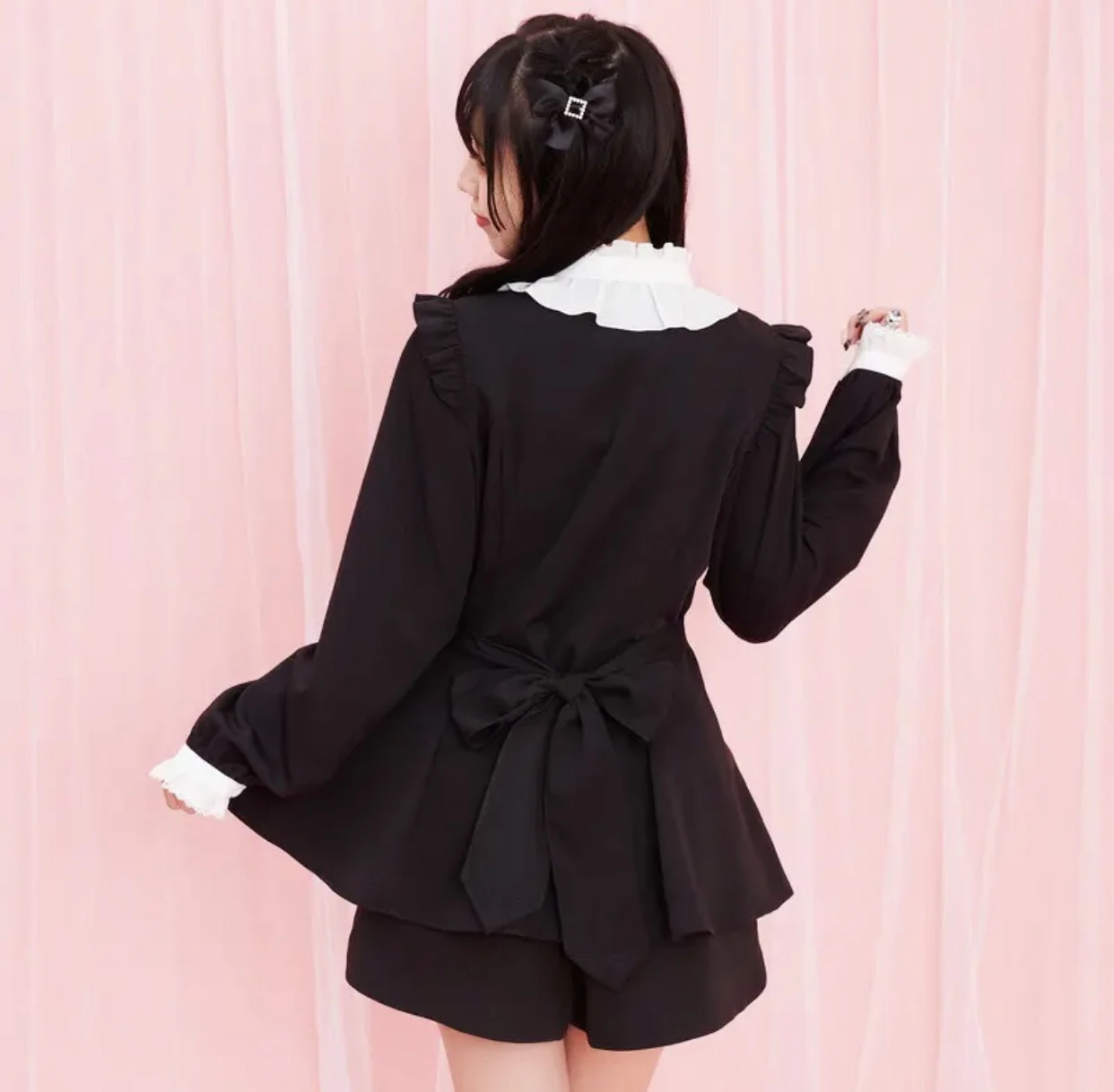 Japanese Mine Love Pearl Bow Long Sleeve Single-Breasted High Waist Lace up Slim Fit Dress High Waist Shorts Two-Piece Set Women