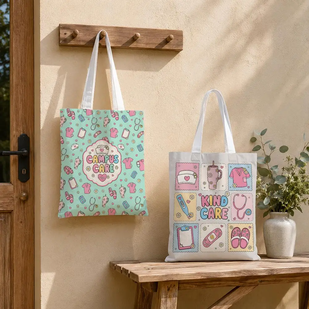 Cute School Nurse Life Foldable Canvas Tote Bag, Reusable Shoulder Shopping Bag