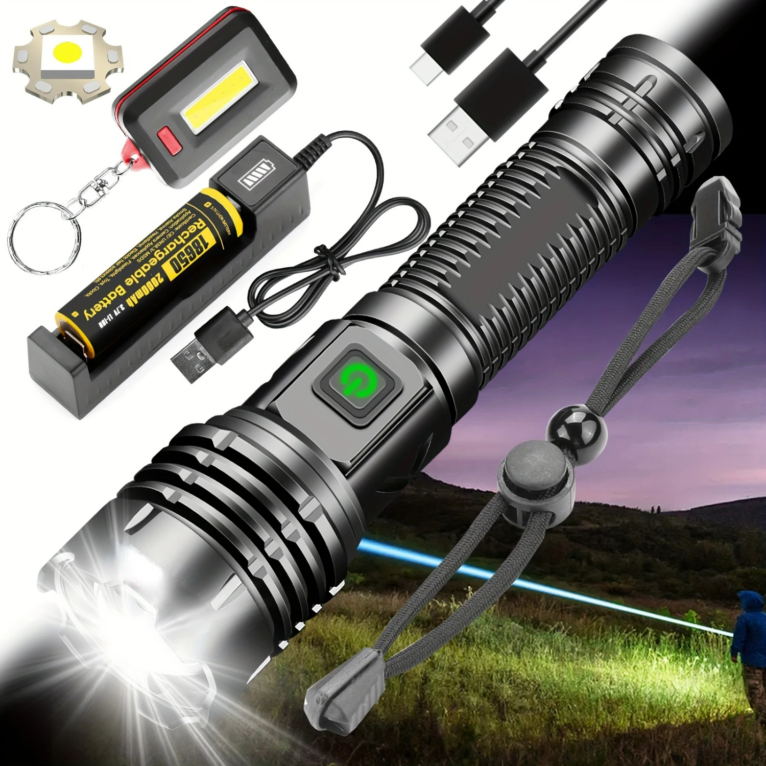 Super Bright High Lumens Rechargeable LED Flashlight for Emergency, Camping, Field Exploration, and Mountaineering - Zoom Torch