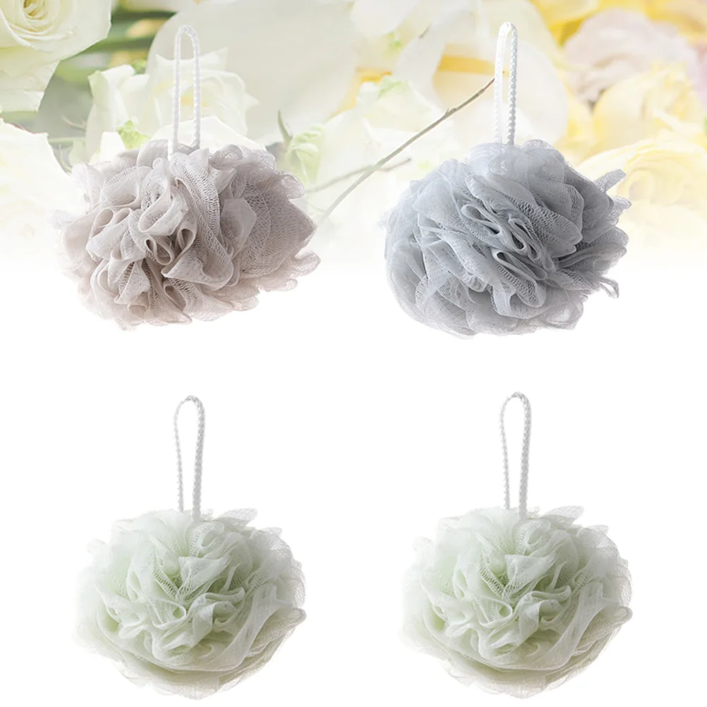 

4 Pcs Shower Ball Bath Ball Mesh Bath Scrub Bath with Hanging Rope for Home Hotel (1 Pc Blue Grey, 1 Pc Khaki and 2 Pcs Light )