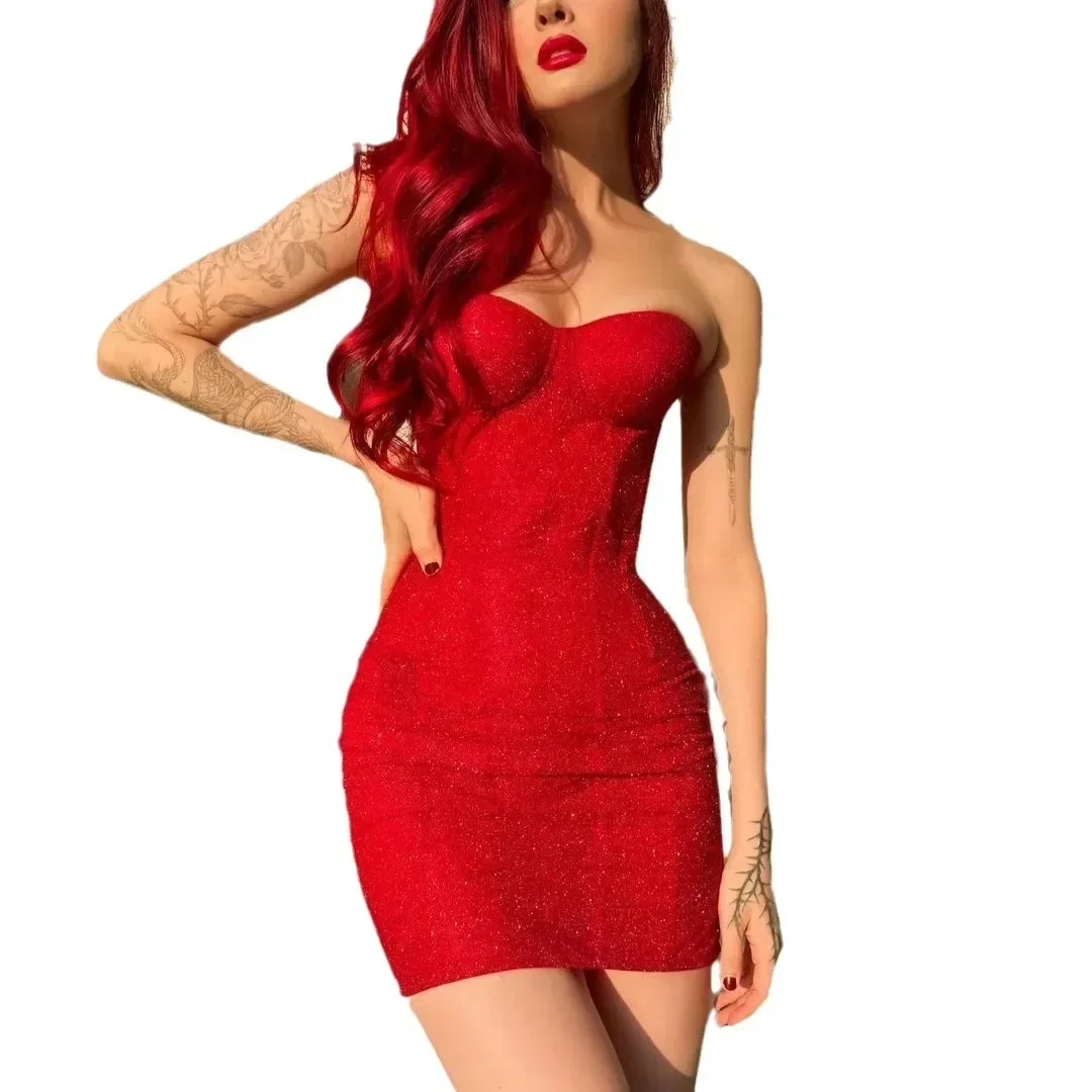 Mini robe rouge brillante, moulante, taille haute, mode femme, sans bretelles, sans manches, avec cordon de serrage au dos, nouvelle tenue de soirée, Club, 2025
