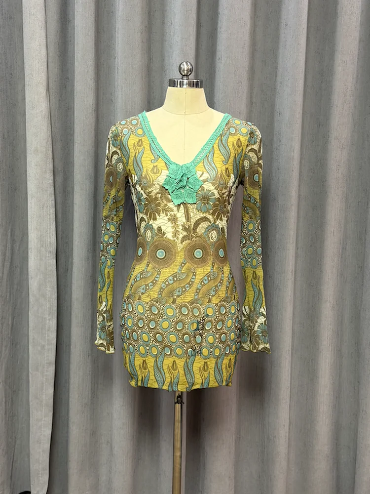 Jin Zhini American Retro Color Block Print See through Short Skirt Dress Women's Fashion Stage Costume Green Wrap around Skirt