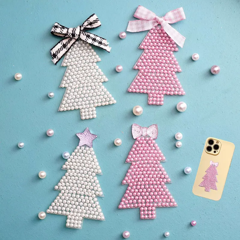 6Pcs Pearl Rhinestone Double-Sided Adhesive Iron-On Decals Christmas Tree Patch Bow Tie Rhinestone DIY Accessory