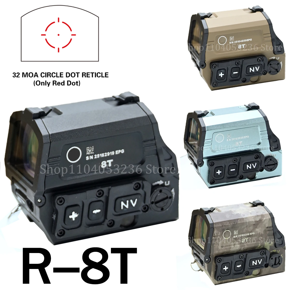 R-8T Red Dot Holographic Circle Reticle Sight Optical Reflex 3MOA&32MOA Seismic Resistant Rifle Scope with Night Vision Function