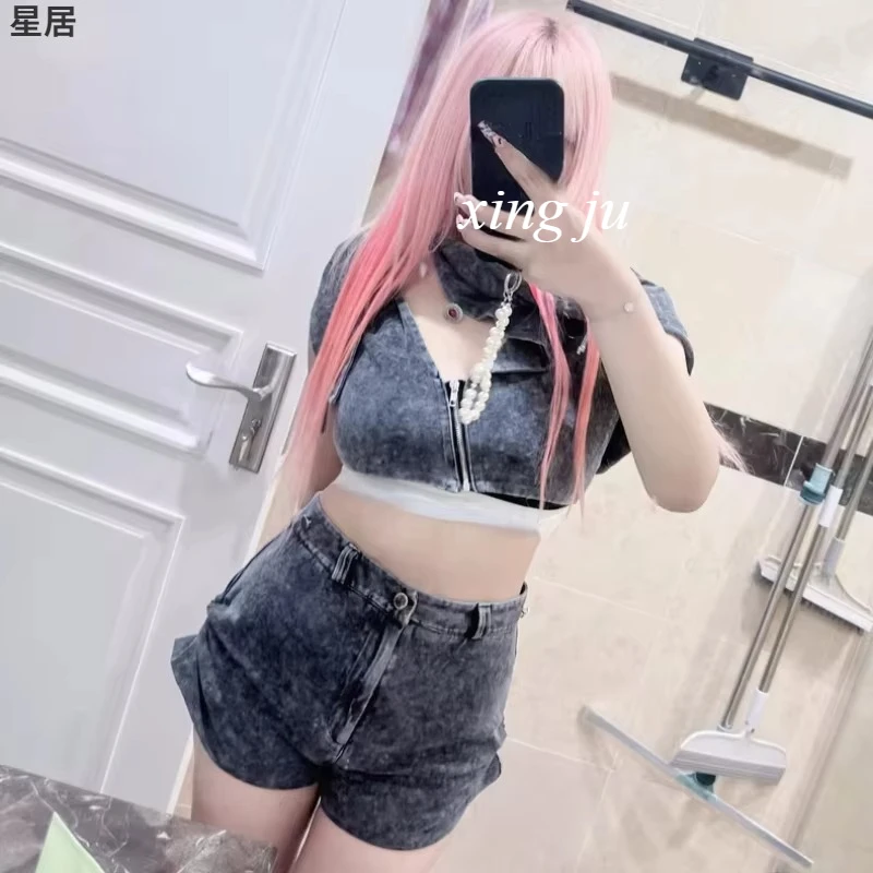 Setelan Konser Kpop Penyanyi Korea Atasan Denim Bertudung Tanpa Lengan Tari Jazz Pakaian Pertunjukan Jazz Kostum Panggung Gadis DJ Klub Malam