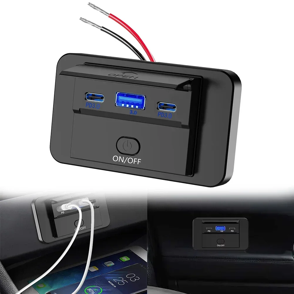 Toma de carga USB para coche, Panel de enchufe de cargador rápido PD + USB 3,0 Dual para autobús, RV, yate, barco, enchufe de cargador rápido de 12V-24V