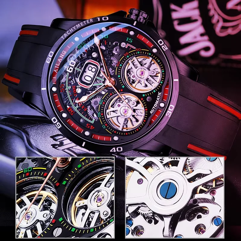 Ailang Men's Double Tourbillon Skeleton Automatic Mechanical Watch Silicone strap luminous waterproof Calendar multi-function