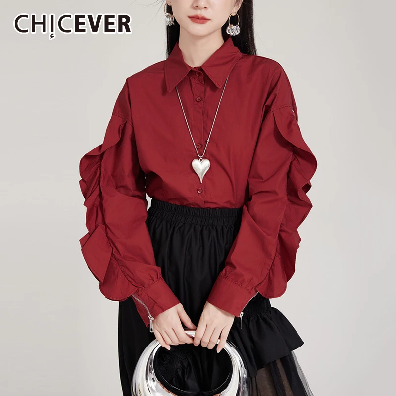 

CHICEVER Spliced Ruffles Shirt For Women Lapel Long Sleeves Patchwork Single Breasted Solid Blouses Female Autumn Clothing New