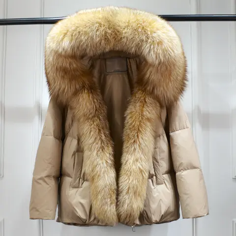 Lagabogy 2025 New Winter Women Real Fox Fur Collar Thick Warm Puffer Coat Hooded Down Jacket Luxury Outwear Female Loose Parkas