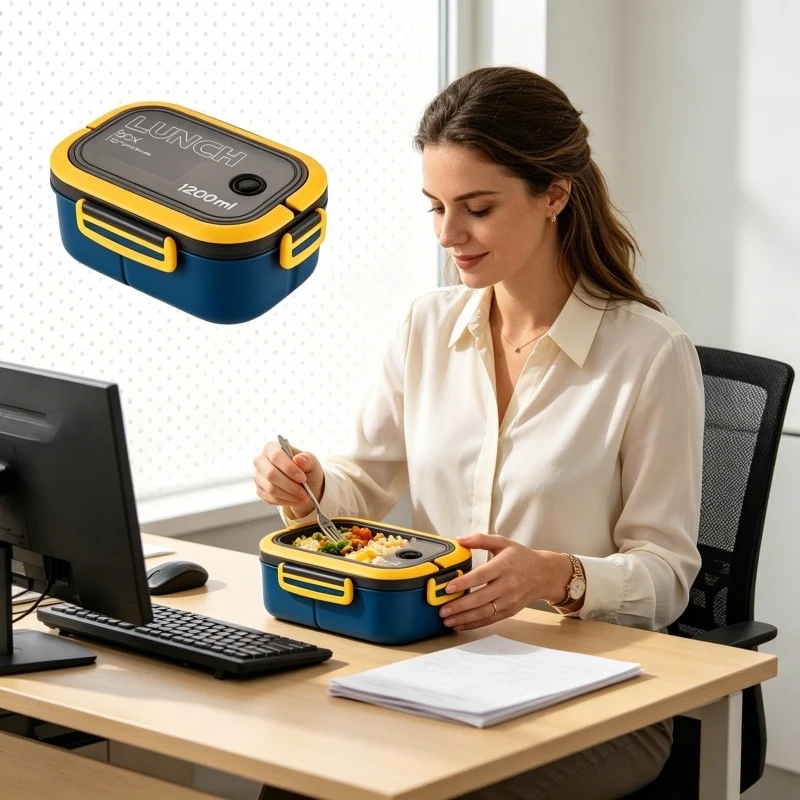 Lonchera Bento de 2 Capas a Prueba de Fugas de 1200 ml con Cuchara y Tenedor, Recipiente para Alimentos Apto para Microondas, Portátil para Niños, Oficina, Campamento, Uso Diario