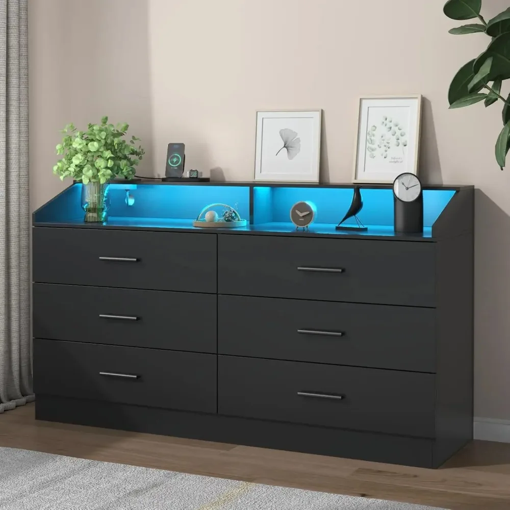 

Chest of Drawers with LED Light, Modern Dresser with Open Storage Cubby, Double Wide Dresser Organizer for Bedroom