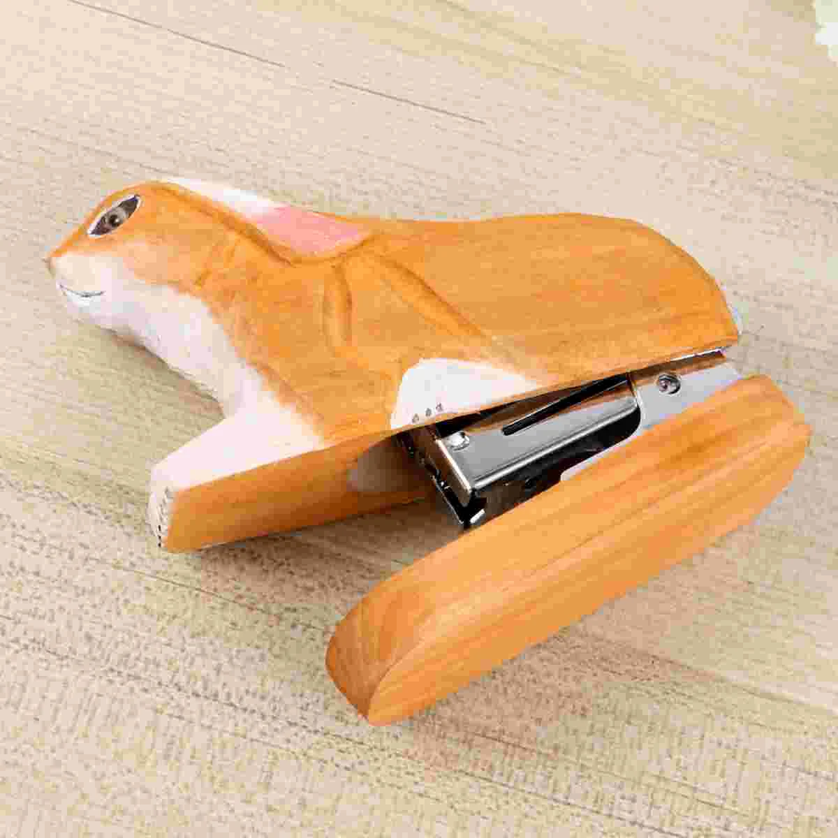 

Decorate Student Stapler Pink Cartoon Animal Mini Desktop Bamboo Wooden Manual Stapling Machine