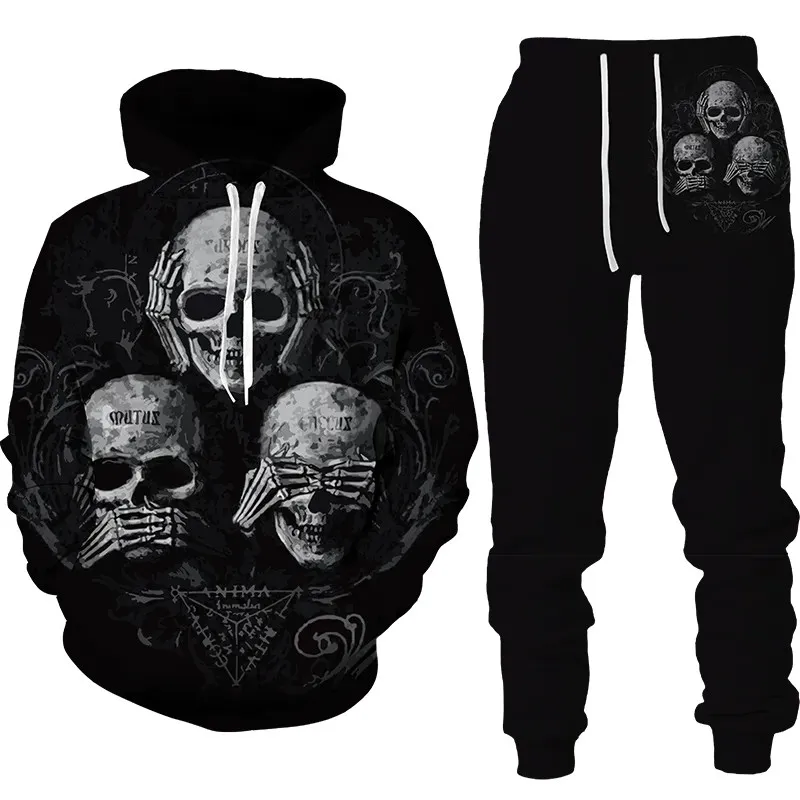 Autumn Fashion Gothic Skull 3D Printed Hoodie Suit Men Sweatshirts Sweatpants Casual Two Piece Tracksuit Set Men\'s Clothing