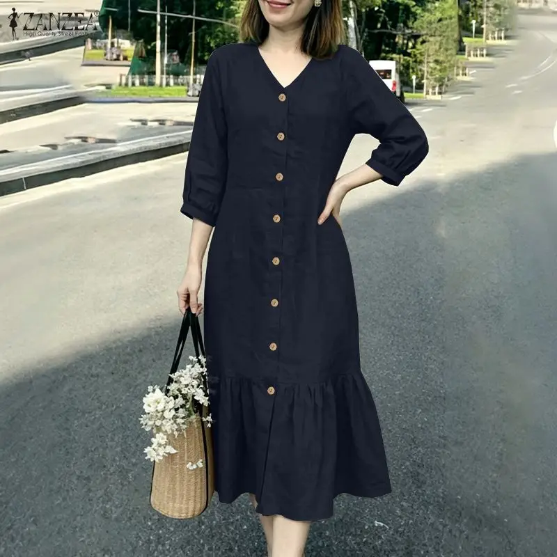 2026 Sommer Damen Midikleid mit Rüschensaum, V-Ausschnitt, 3/4 Puffärmel, Knopfleiste, einfarbig, ZANZEA Lässige Freizeitkleider für den Alltag