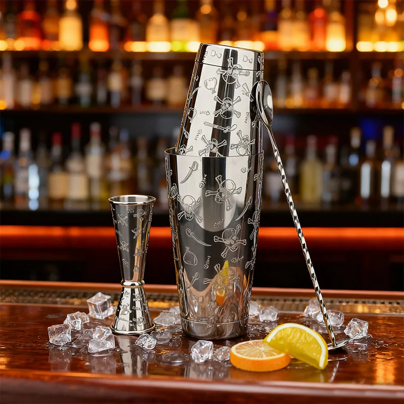 Elegant Stainless Steel Boston Cocktail Shaker Set 500/700ml+30/60ml Jigger — Engraved, Bartender, Barware, Mixer, Professional