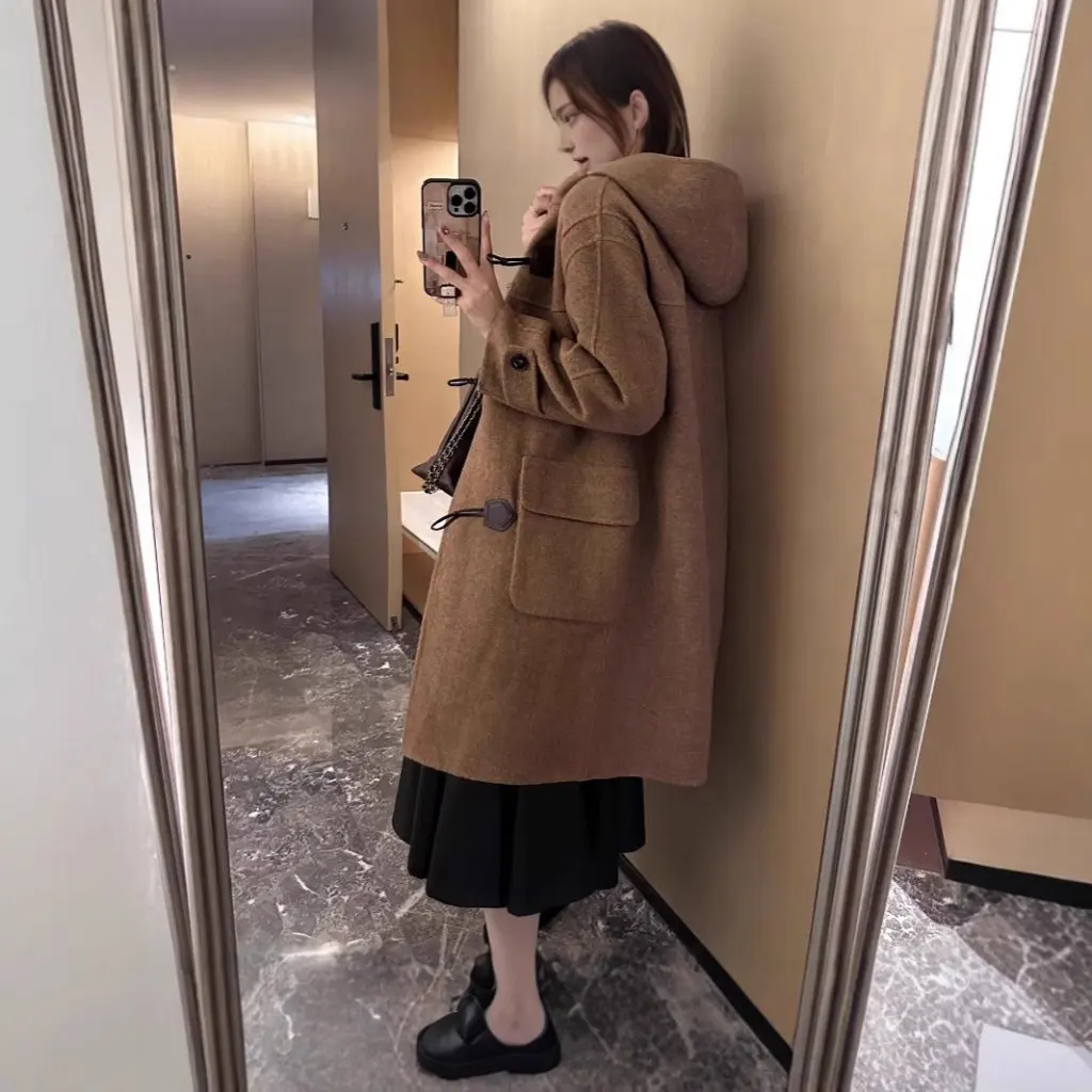 

Women's Preppy Style Hooded Woolen Coat Autumn Winter Fashion Double-Sided Plaid Design with Horn Buttons Elegant Outerwear