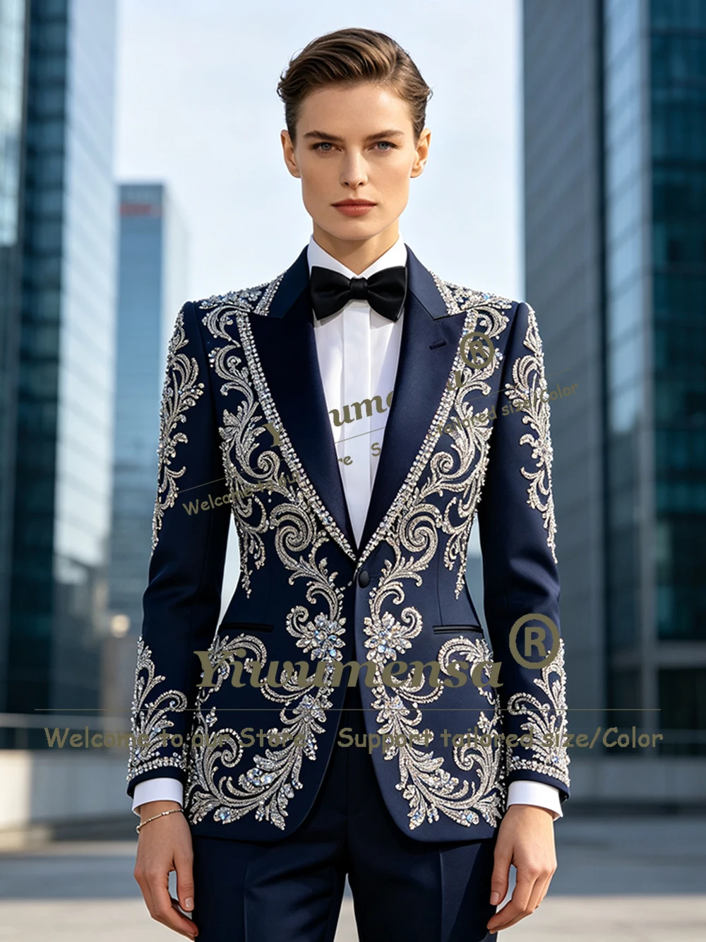 Брючные костюмы Crystals Beading Women Suit Slim Fit Jacket Pants 2 Piece Sets Lady Business Tuxedo Suit Customized Female Dress