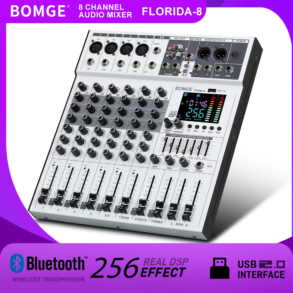 BOMGE 8 Channel Audio Mixer 256DSP DJ Sound Console with USB audio interface MP3 PC Recording 48V BT for Microphone DJ Recording