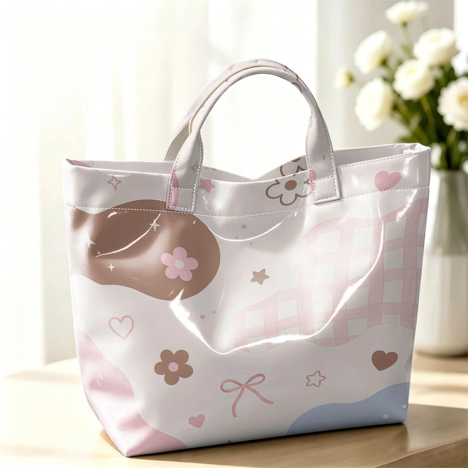 Pastel Groovy Hot Sale Large Glossy PVC Tote Bag Hand Washable Waterproof Great for Travel Commute Makeup Storage Handbags