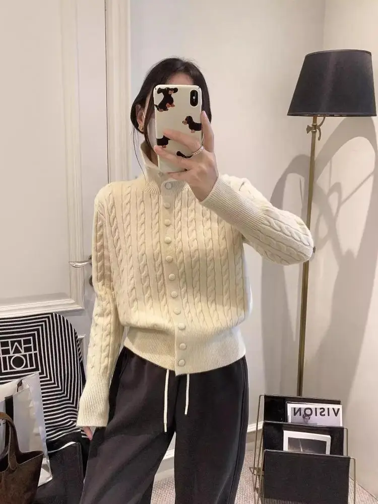

Korean Fashion Women's Solid Single Breasted Knit Cardigan Sweater Autumn Winter High Neck Vacation Versatile Short Tops Popular