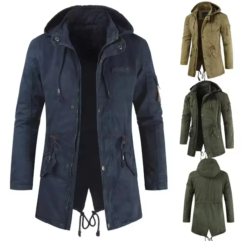 New Mens Jackets Hooded Trench Outerwear Casual Solid Outdoor Coat Military Windbreaker Fashion Windproof Jacket Mens Clothing