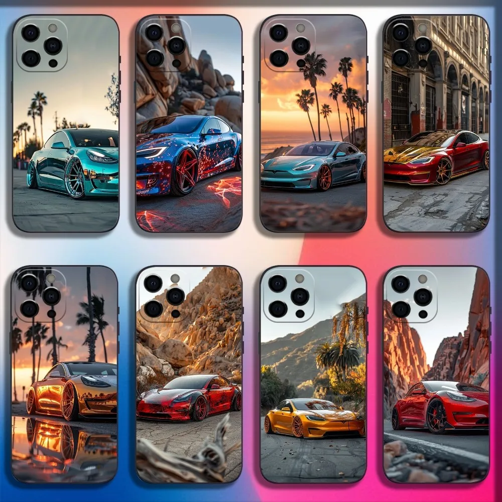 Sport Cool T-Teslaes Car Phone Case For iPhone 16,15,14,13,12,11,Pro,X,XS,Max,XR,Plus,Mini Soft Black Cover