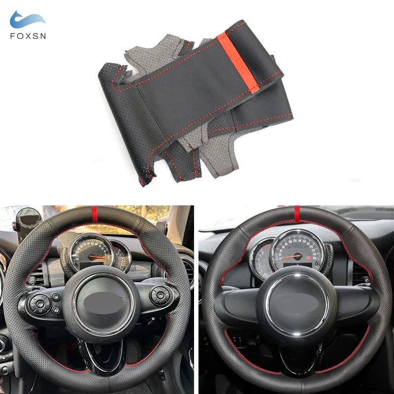 Car Steering Wheel Cover Leather Trim Red Line For Mini Cooper R55 R56 R57 R58 R59 R60 R61 F54 F55 F56 F60 R50 R52 LOW-version