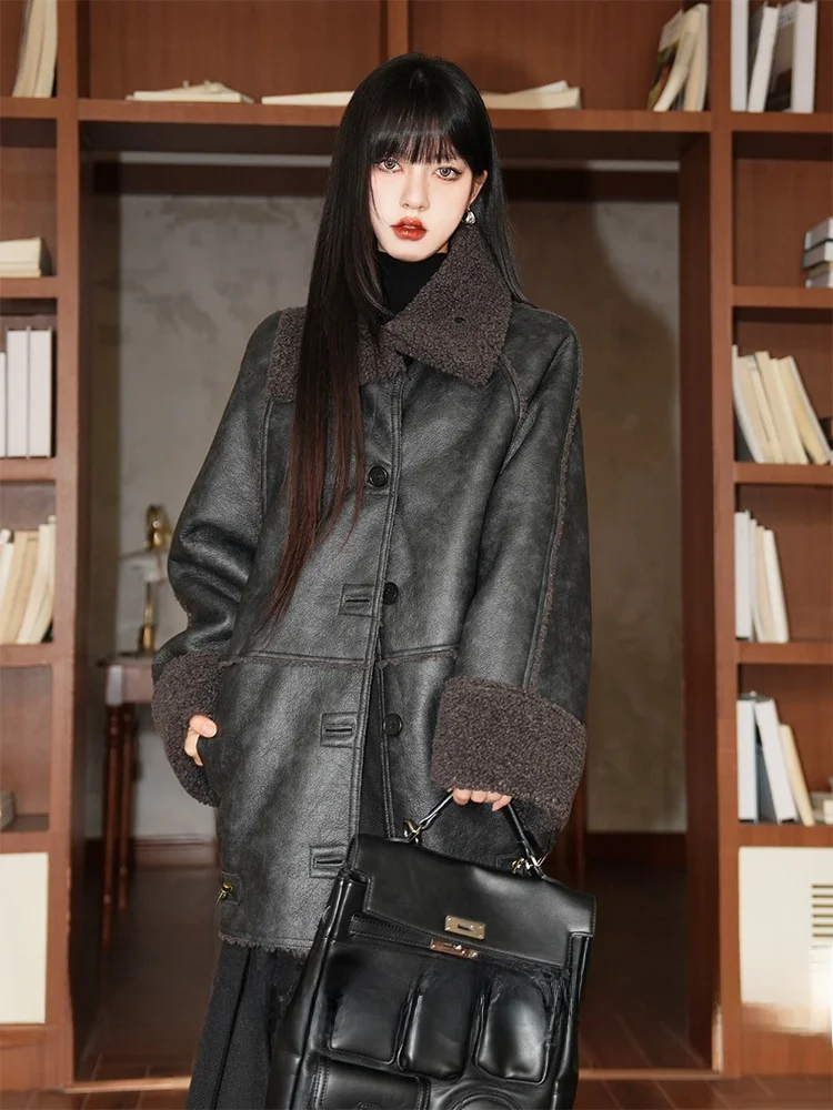 

Retro Sle Fce Lined ort Puffer Jaet Women's Thiened Casual Leather Coat Vintage Flip Collar Eco Friendly Fur Integ...