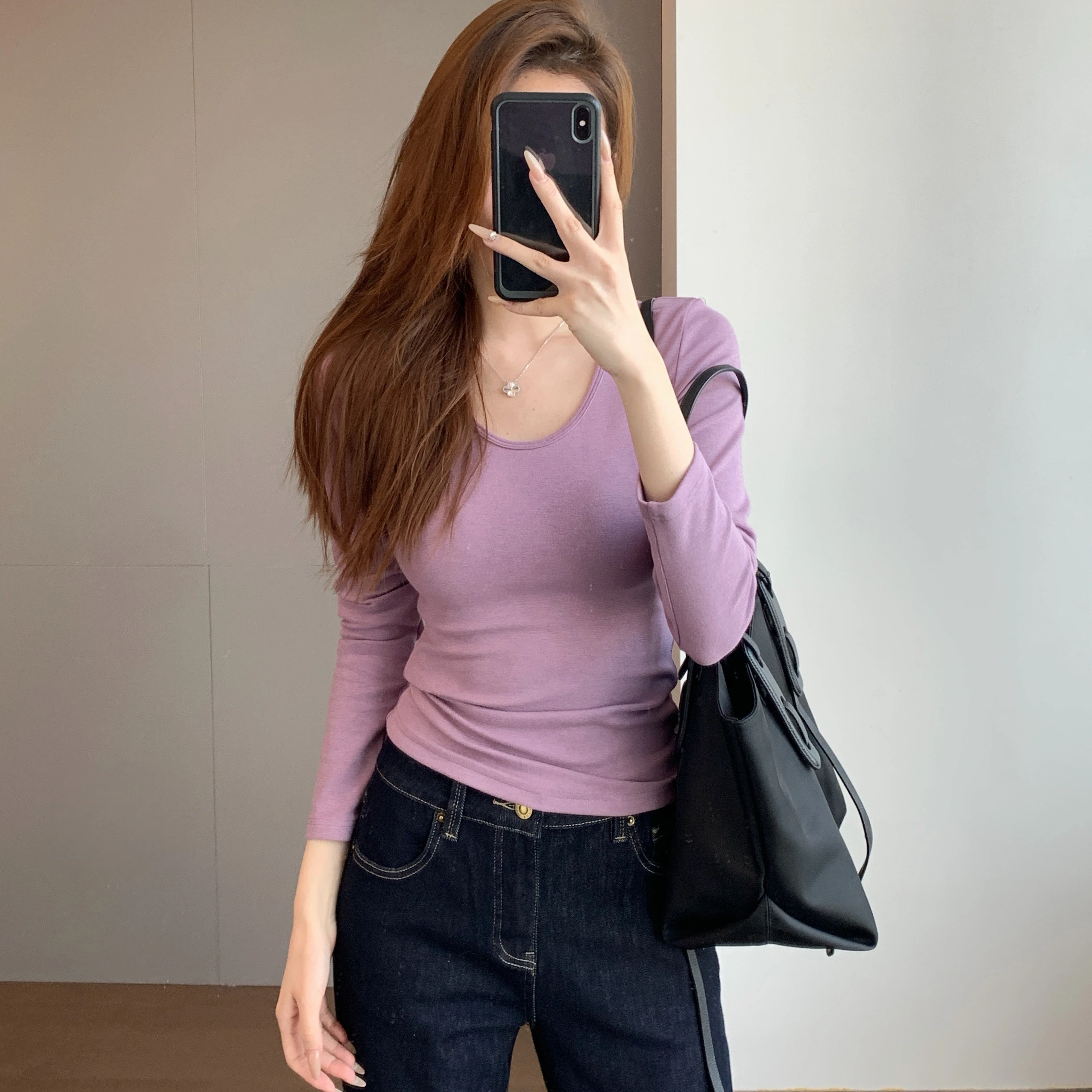 

Женская футболка с U-образным вырезом и длинными рукавами, мягкая, удобная, с высокой эластичностью, подходит для весны и лета.