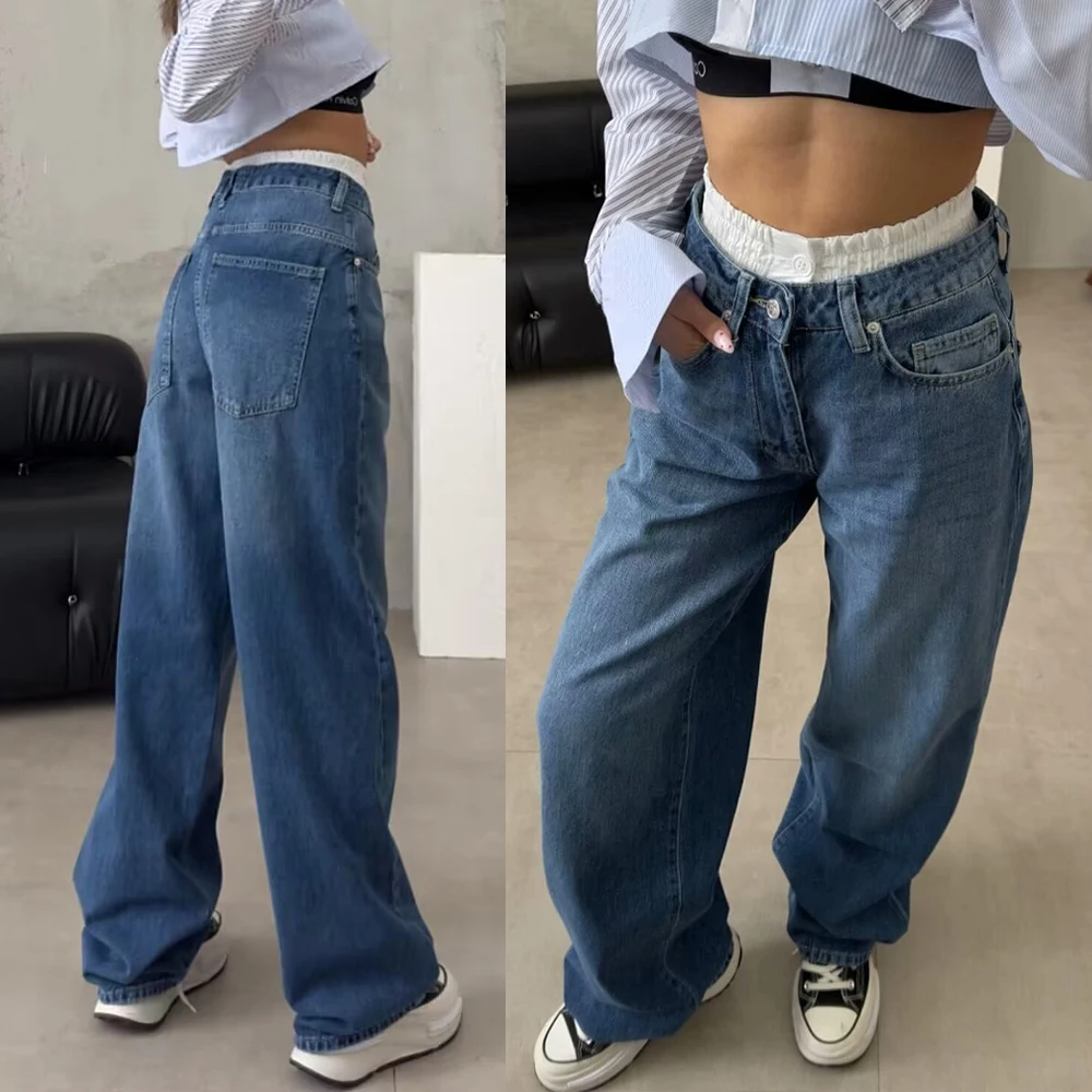 TRAF ZR COTTON Denim Baggy Pants Female Street Jeans Comfy Pantalones Loose Denim Trousers High Elastic Waistband Slouchy Jeans