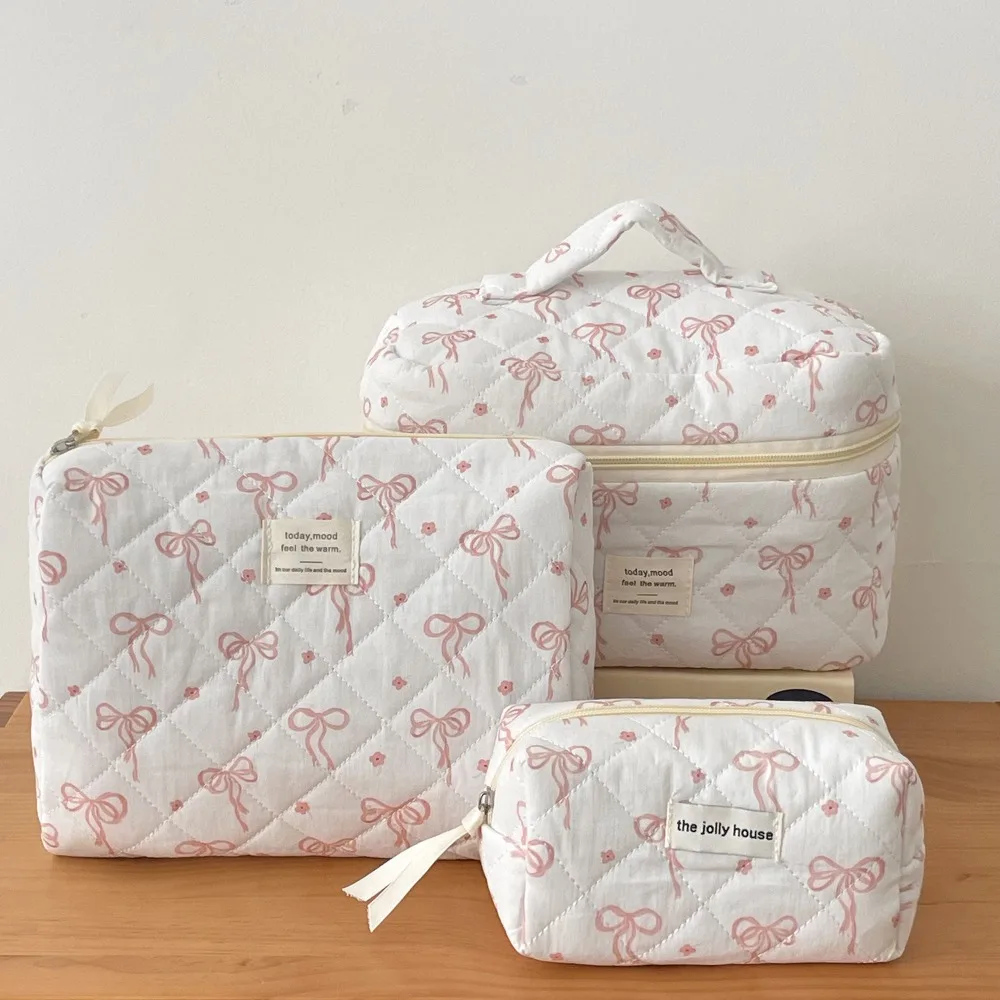 New Korean Style Cosmetic Bag Multi-size Pink Bow Makeup Quilted Bag Plaid Zipper Handbag for Women Girls