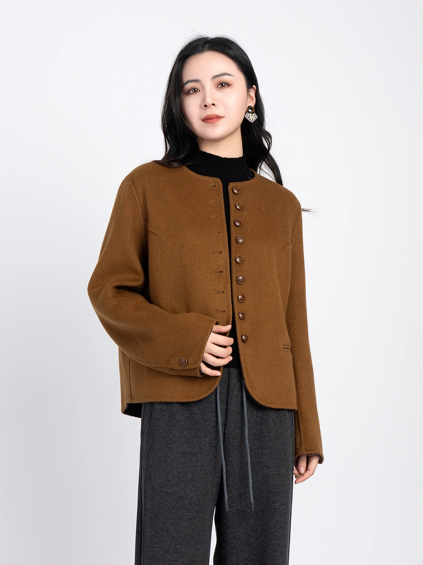 

Двустороннее шерстяное пальто с круглым воротником на одной пуговице, зимняя новинка, женская модная верхняя одежда