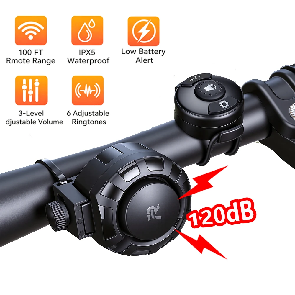 Rockbye Fahrrad-Elektroklingel 120dB USB-Aufladung MTB Roller Rennrad Lenkerhorn 6 Modi Alarmton Fernbedienung