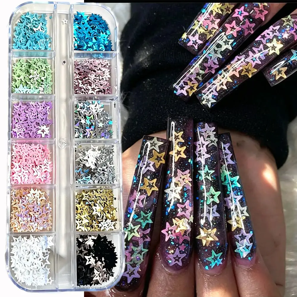 12Grids Macaron Hollow Star Nail Glitter Sequins Colorful Pentagram Nails Flakes Five-Pointed Stars Manicure Tips Accessories PH