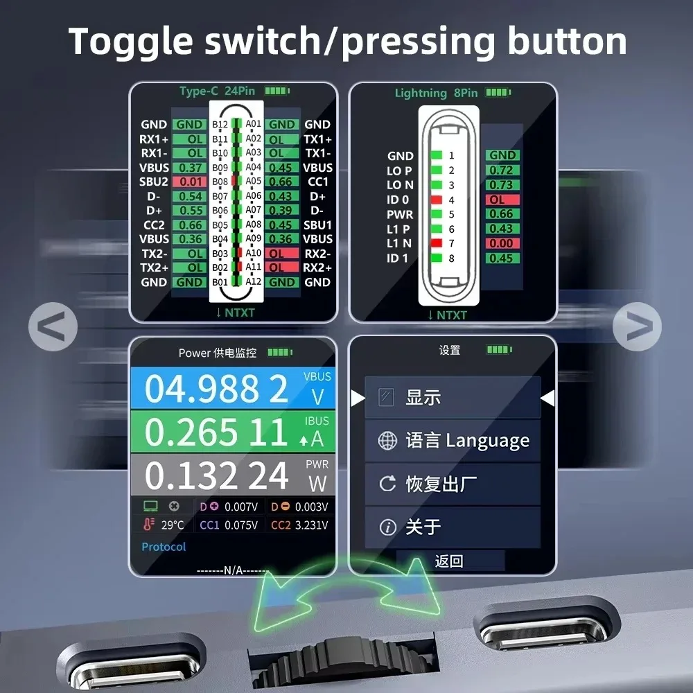 QIANLI iBridge A3 staartstekkerdetector voor onderhoud van mobiele telefoons Ondersteuning Lightning en Type-C stroomspanningsdetectietool