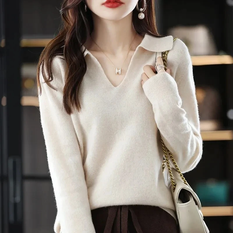 2022 New Lapel Polo Neck Knitted Bottoming Top Women\'s Autumn Winter Solid Color Base All Match Causal Sweater For Fashion