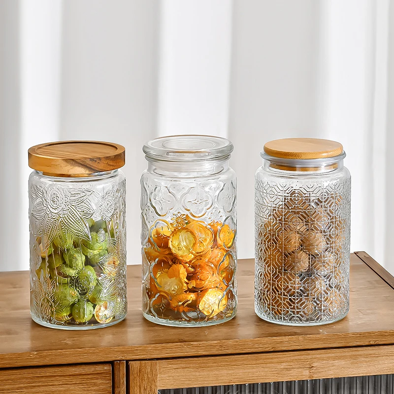 1000ml Glass Storage Jar of Begonia Flower Nuts Snacks Sealed Jar of Tea Miscellaneous Grains with Lid Household Storage Jar