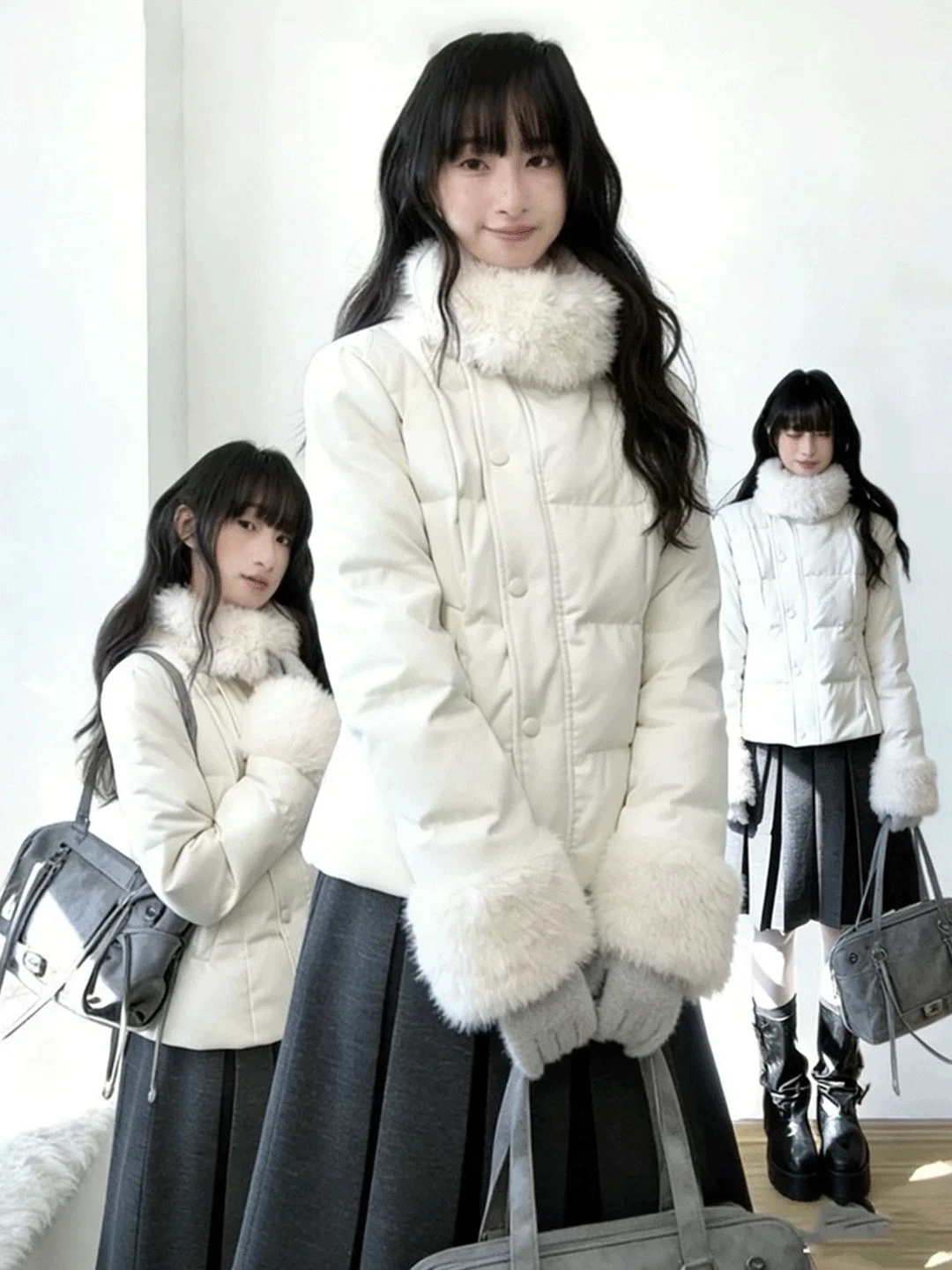 

Корейская женская белая хлопковая куртка с теплым меховым воротником, уникальная зимняя верхняя одежда прямого кроя, обычная све, длинная молния