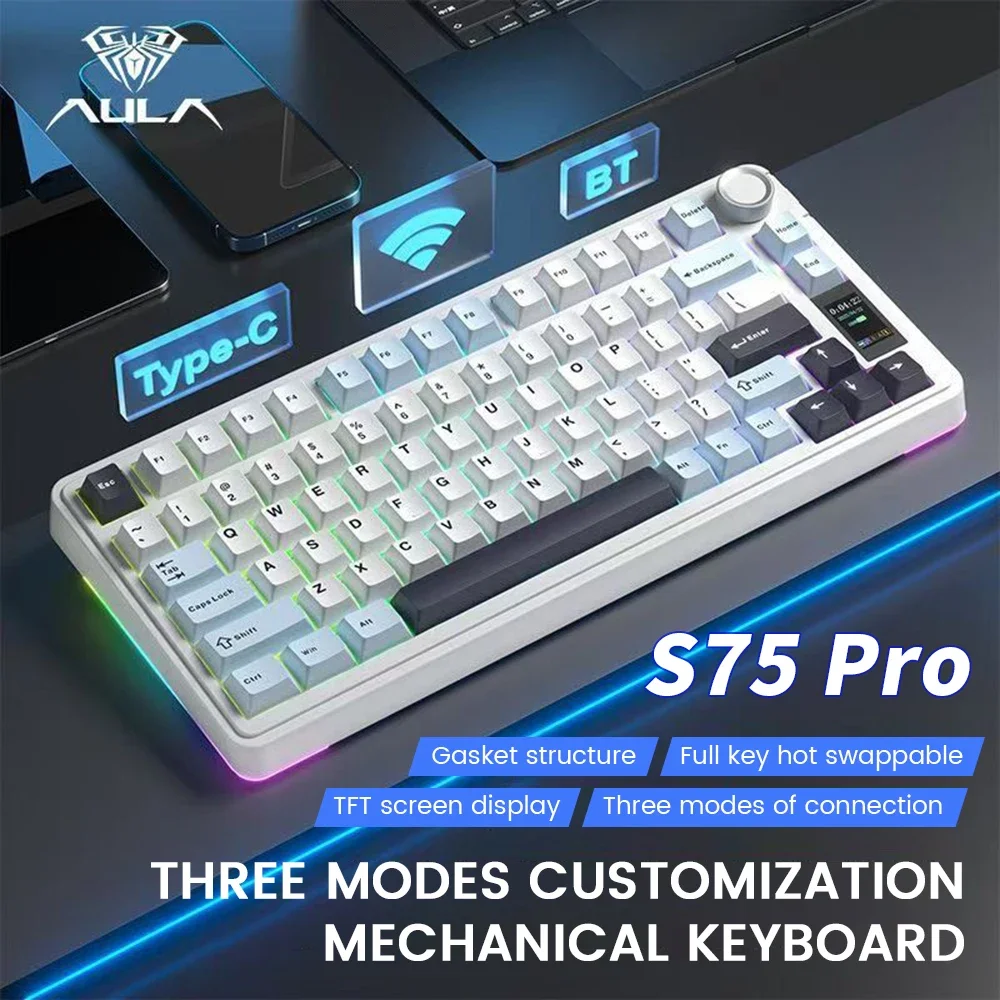 Teclado mecánico para juegos AULA S75 Pro, 75% teclas PBT, teclado retroiluminado RGB intercambiable en caliente de 4000mAh con perilla de pantalla LCD