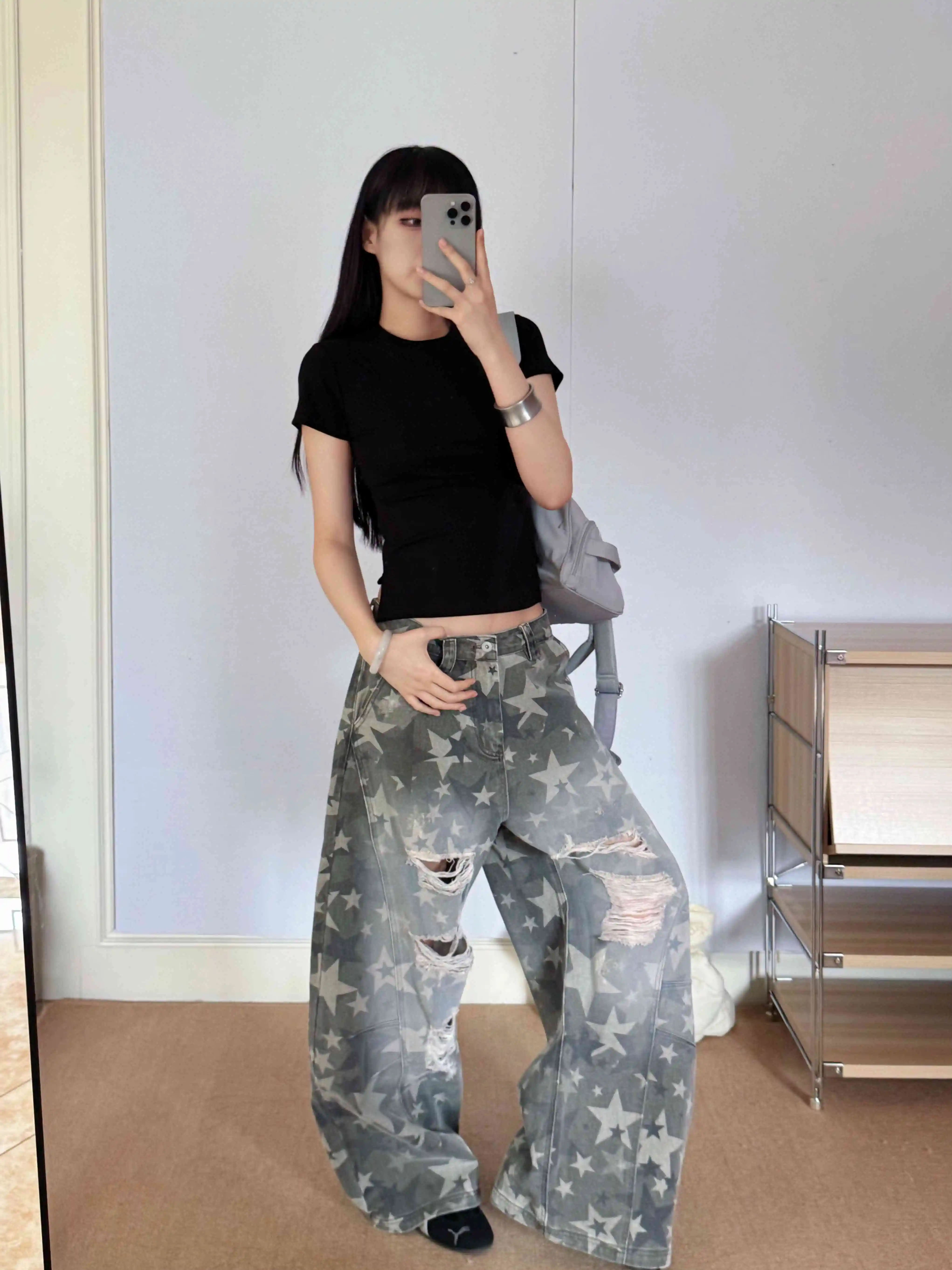 Women Vintage Star Print Ripped Jeans High Waist Classic Baggy Denim Pants Streetwear Y2K American Retro Wide Leg Trousers