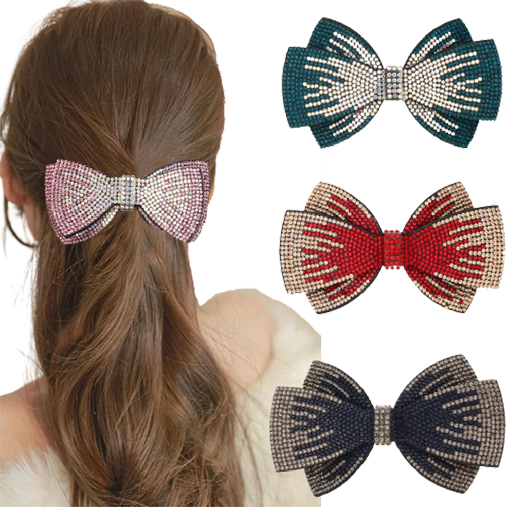 Women Rhinestone Bow Hair Clip Barrette For Girls Ponytail Fashion Hairpin Ladies Party Elegant Headwear Hair Accessories