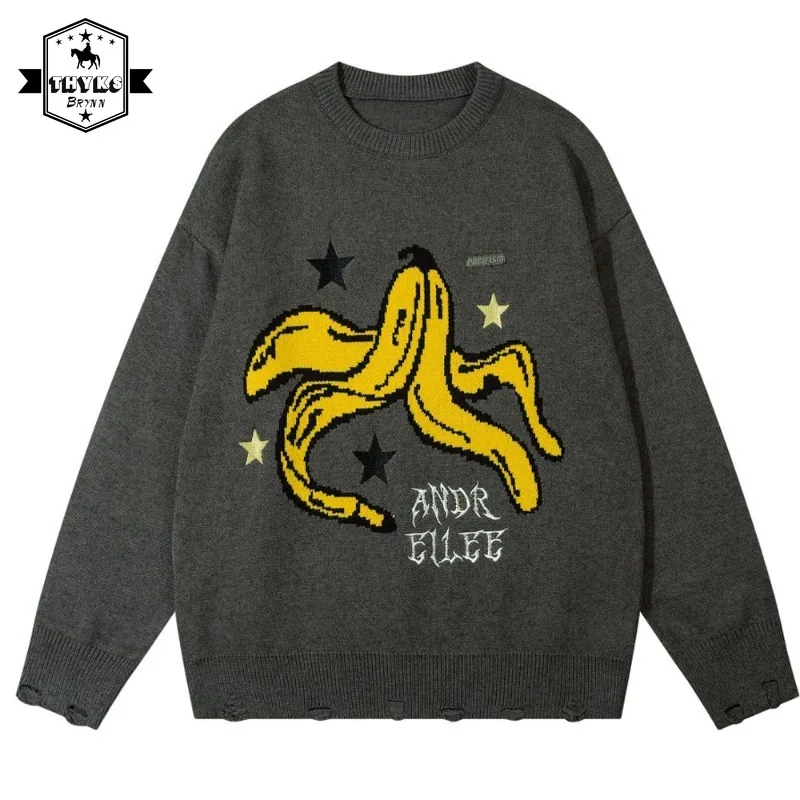 

Japanese Vintage Hole Sweater Men Women Vintage Letter Banana Print Oversize Jumper Unisex Autumn Casual Soft Pullovers Women