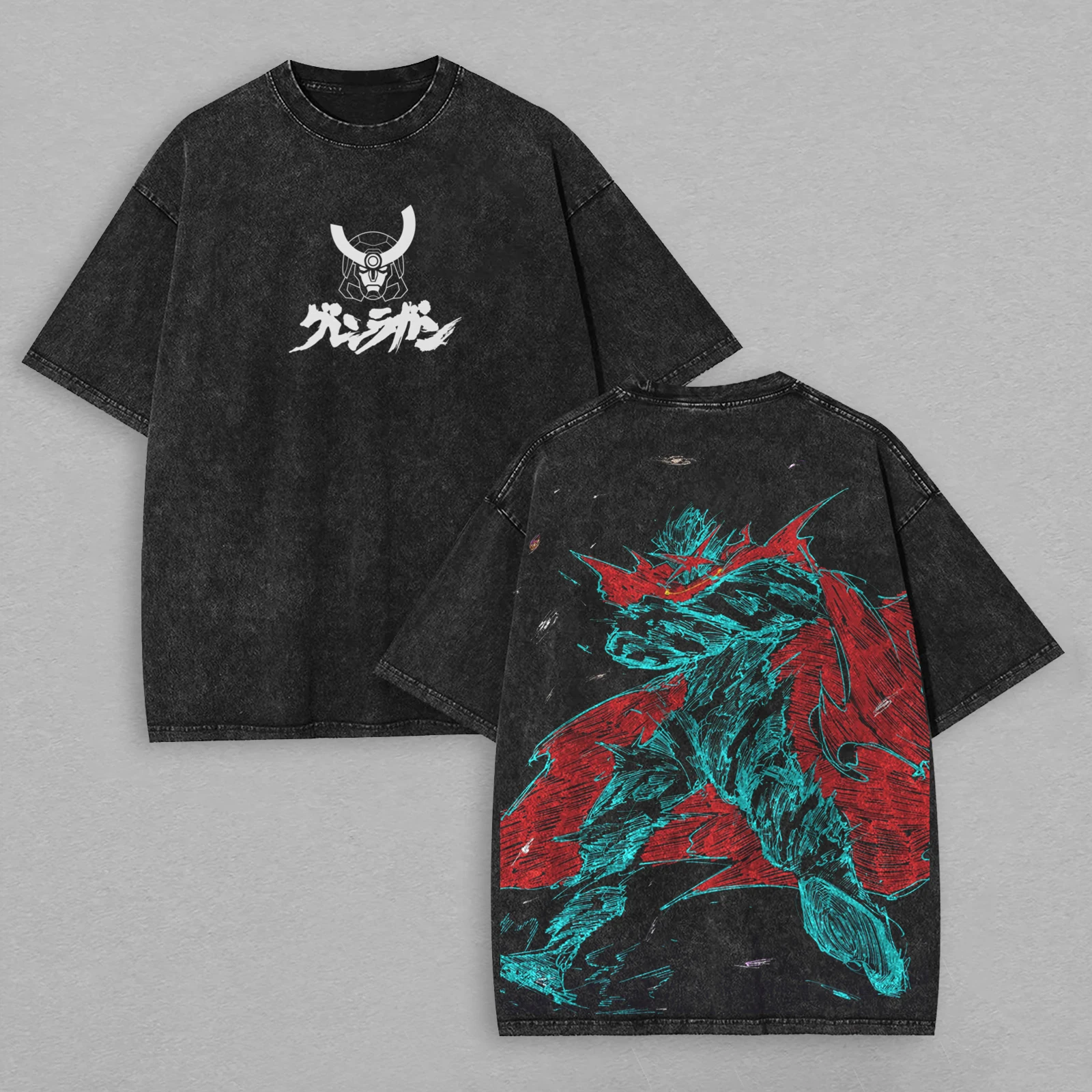 Gurren Lagann T-shirt Tengen Toppa Anime Mecha Graphic Vintage Washed Unisex Oversized Streetwear Cotton Retro Tee Clothing Tops