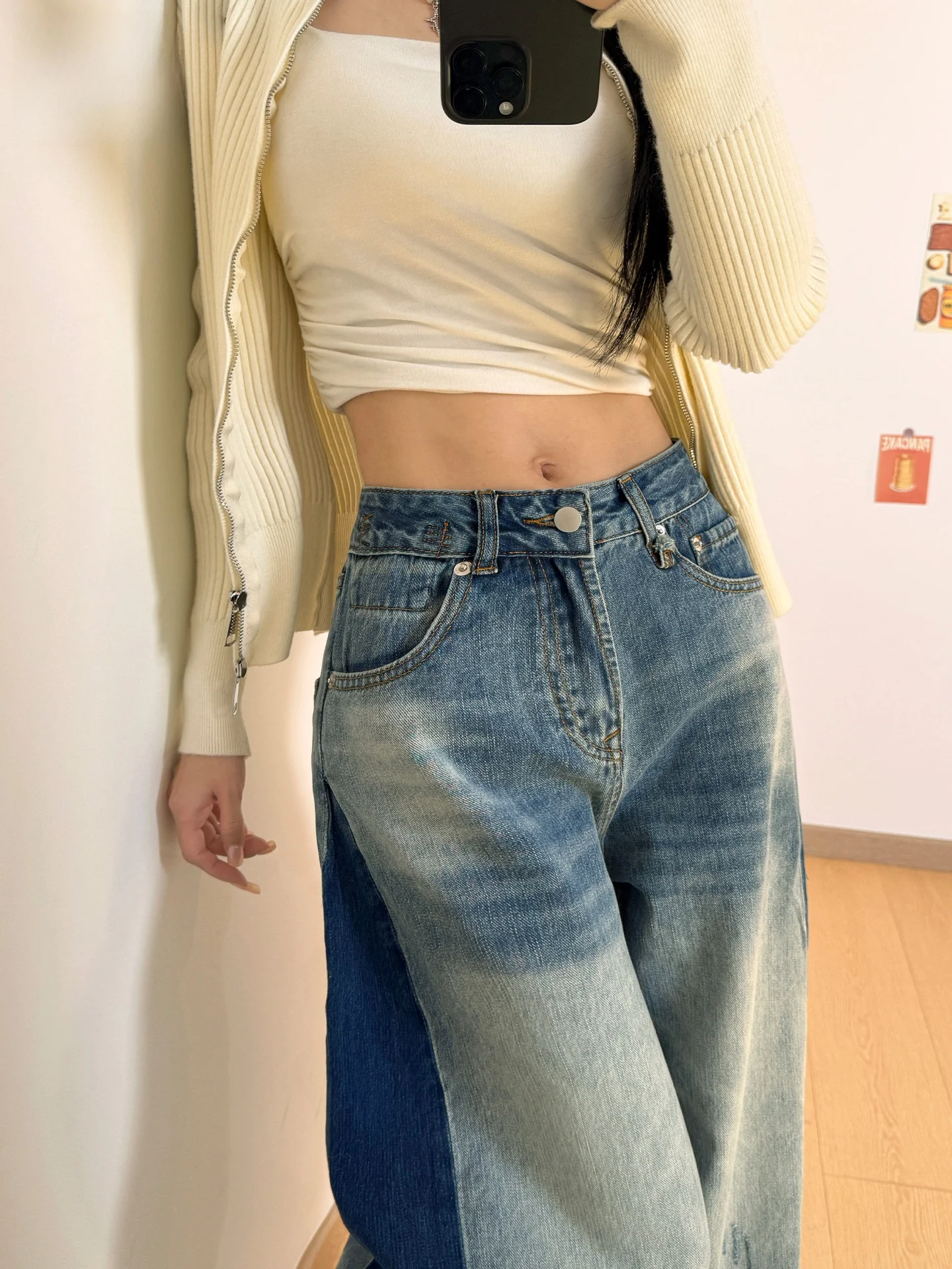 

American Retro Patchwork Straight Leg Denim Jeans Women's Loose Drapey High Waist Wide Leg Pants Casual Spring Summer