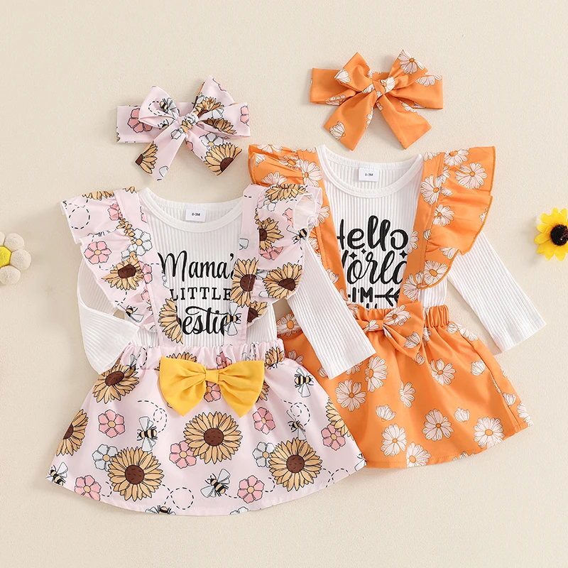 

Infant Baby Girls Fall Outfit Letter Print Long Sleeve Romper and Floral Print Suspenders Skirt Cute Headband 3 Piece Clothes