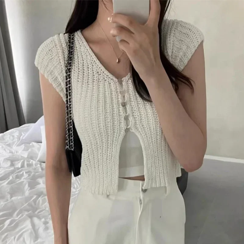 Chic Korean Style Summer New Arrival Niche Versatile V-neck Buttoned Side Slit Slimming Hollow Short Sleeves Knitted Top Women