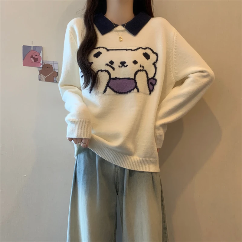 2024 New Cartoon Teddy Bear Pullover Sweater For Women Autumn/Winter Cotton Wool College Style Long Sleeved Sweet Knitted Top