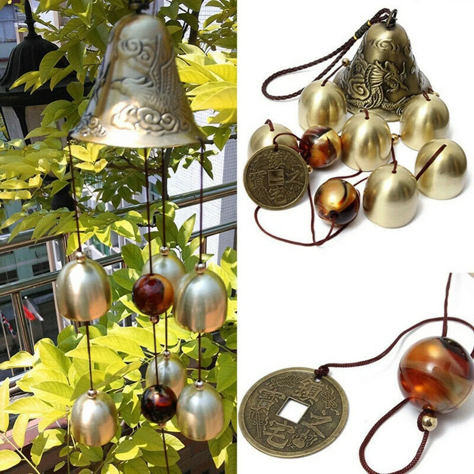 6 Copper Bells Outdoor Metal Wind Chimes Yard Garden Hanging Ornament Decorative Outdoor Weather-Resistant Wind Chimes